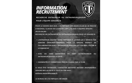RECRUTEMENT ENTRAÎNEUR SENIORS B 2024/2025 (13 MARS)